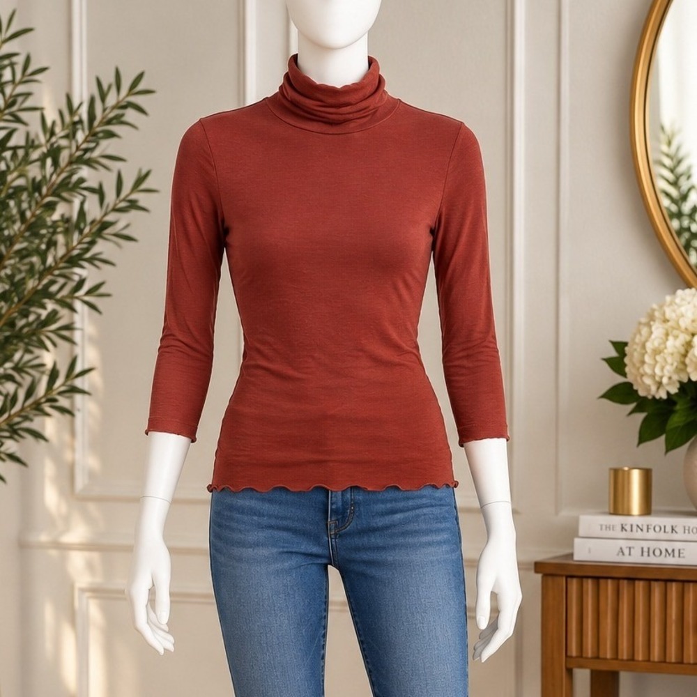 Michael Stars Women Top Mock Neck Ribbed Knit Terracotta One Size